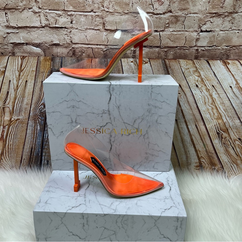 New Jessica Rich So Fancy Orange Clear Logo Heel Pumps